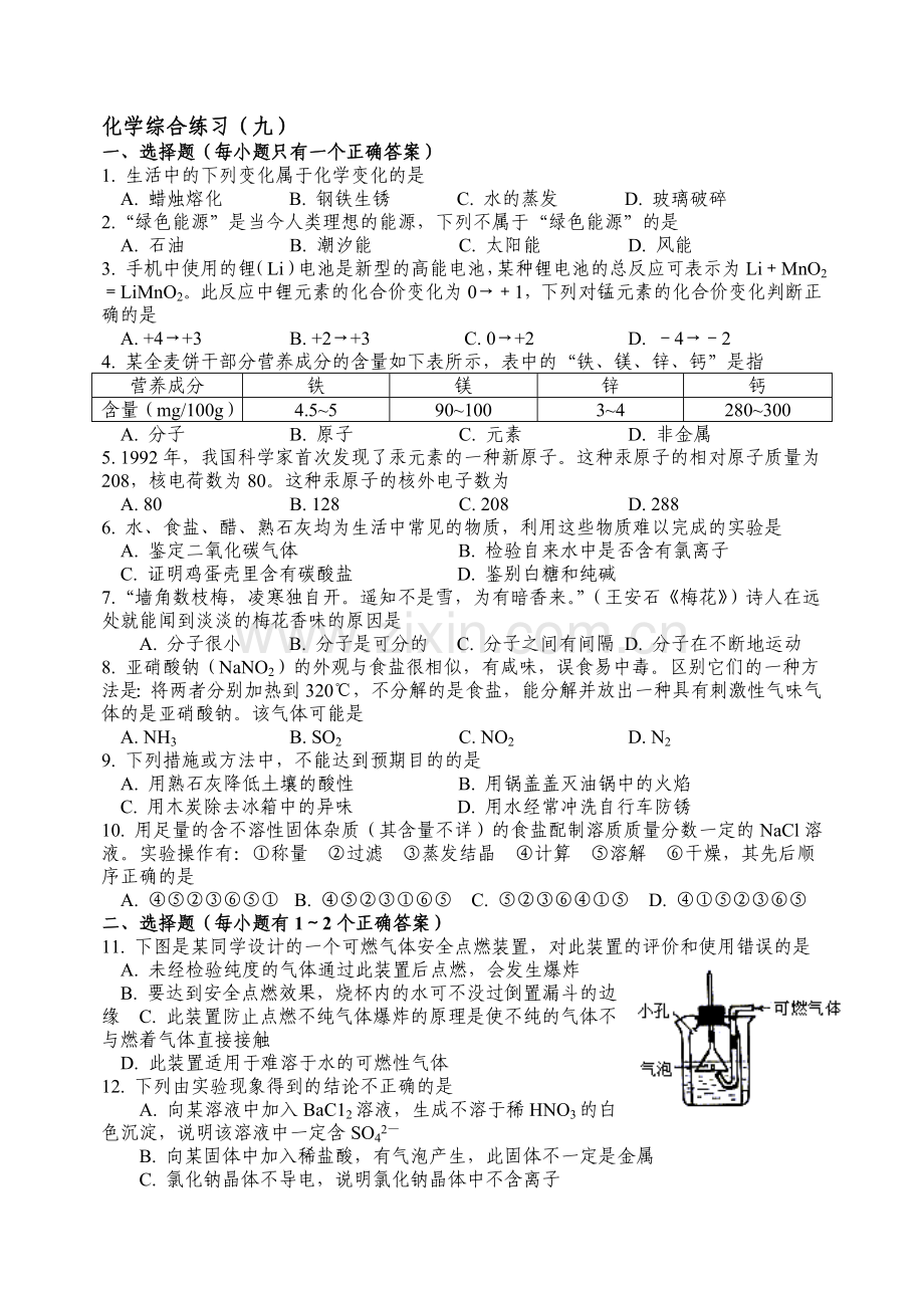 初三化学总复习综合练习九.doc_第1页