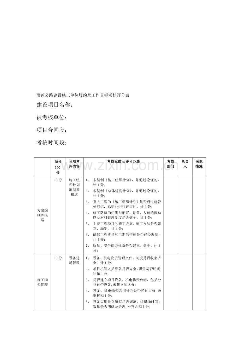 施工单位工作目标考核表..doc_第1页