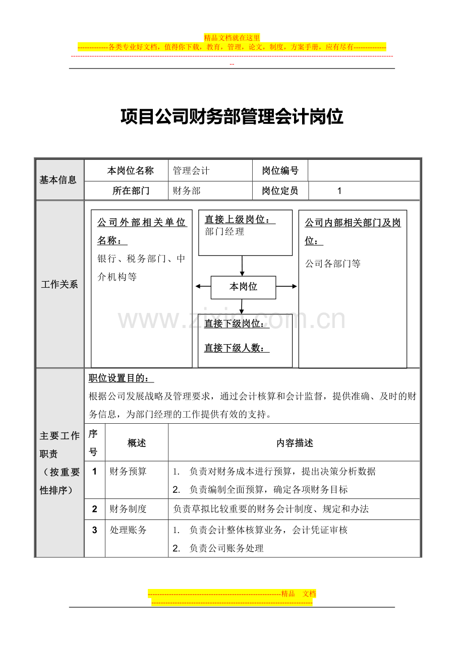 项目公司财务部管理会计岗位说明书.doc_第1页