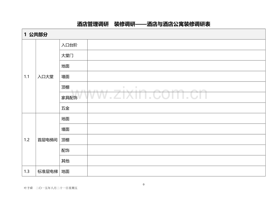 酒店管理调研--装修调研——酒店与酒店公寓装修调研表2015.docx_第1页