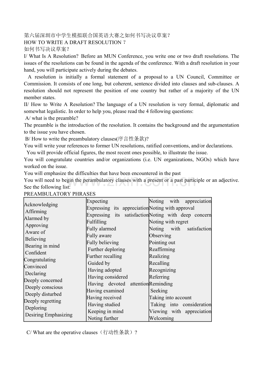 第六届深圳市中学生模拟联合国英语大赛之如何书写决议草案？.docx_第1页