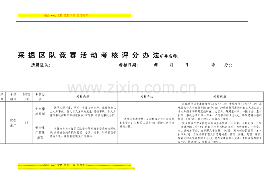 2012年度采掘区队竞赛活动考核表..doc_第1页