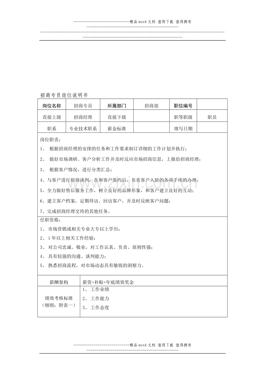 招商专员岗位说明书表格版.doc_第1页