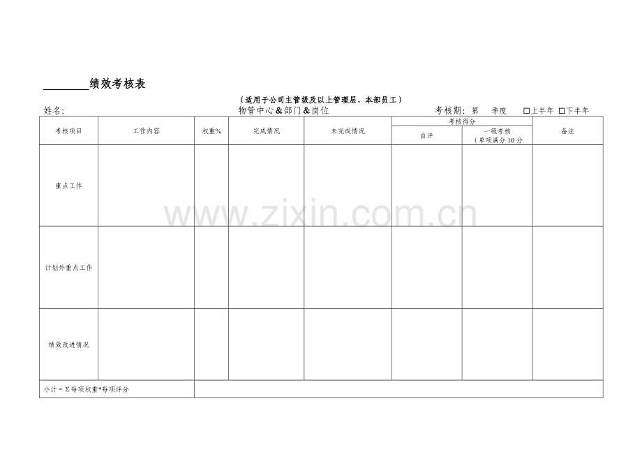 绩效考核表(主管级及以上管理层、本部员工).doc_第1页