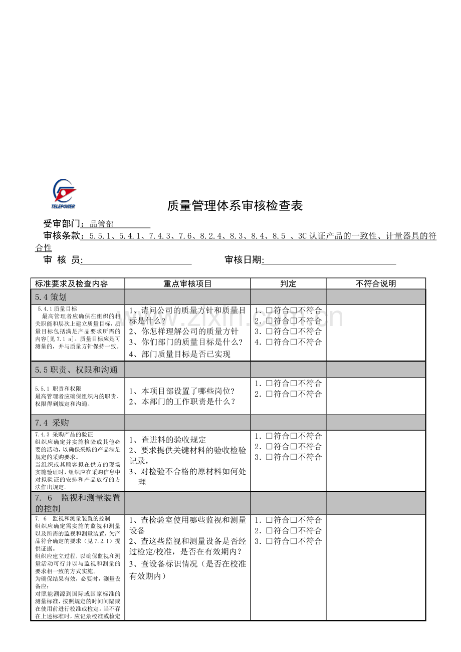 质量体系检查表(品管部).doc_第1页