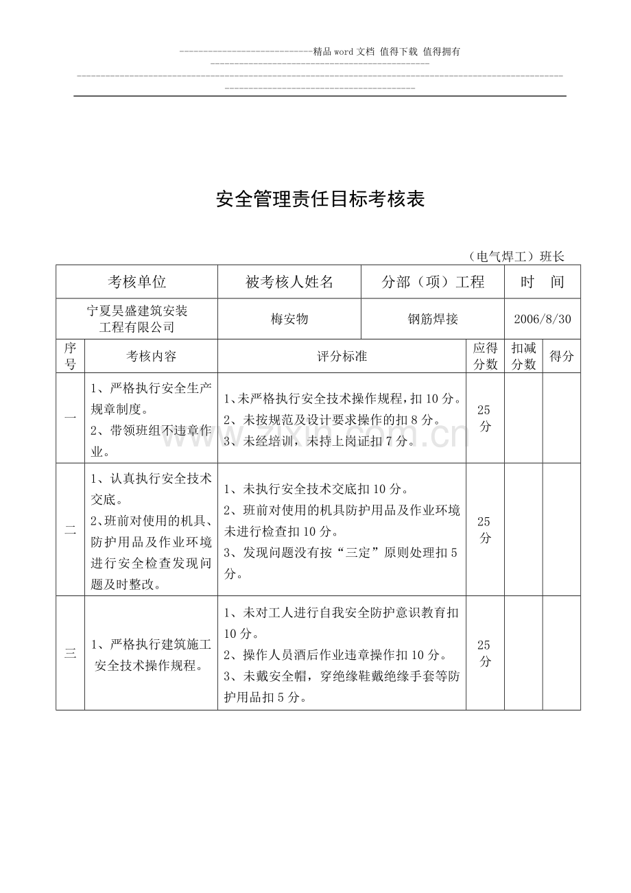 安全管理责任目标考核表(班组长)..doc_第1页