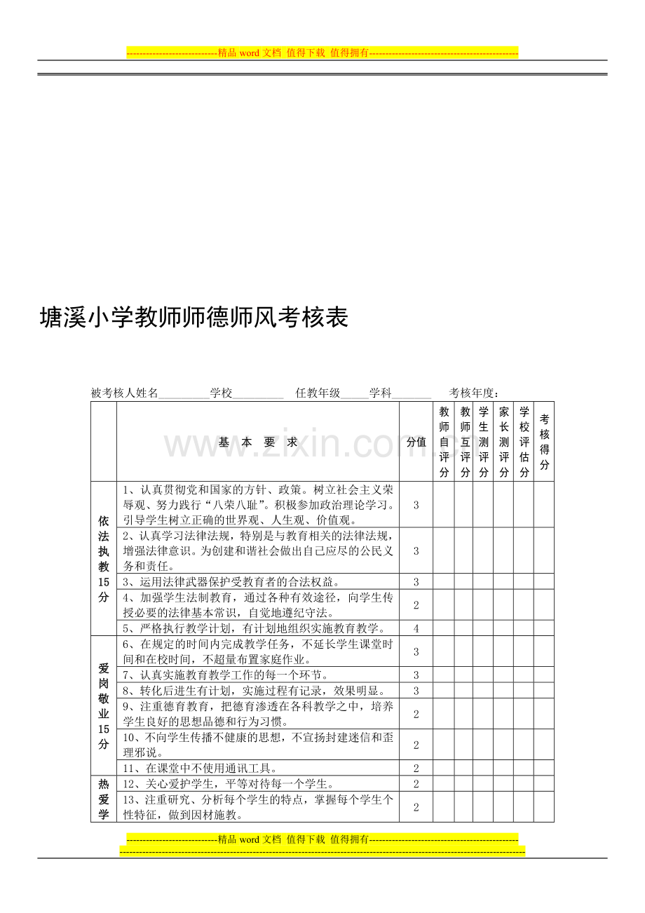 塘溪小学教师师德师风考核表..doc_第1页