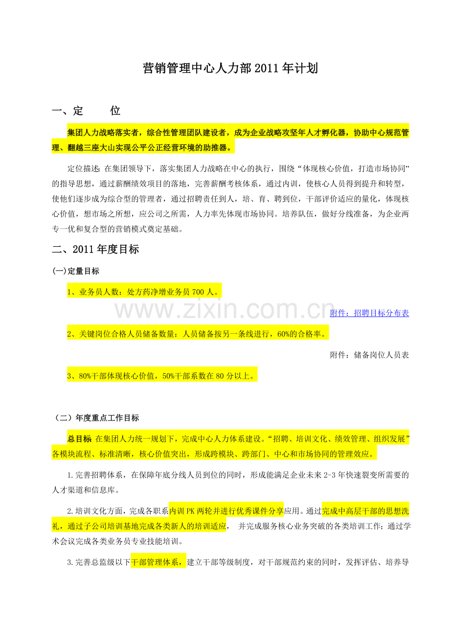 营销管理中心人力2011年规划.docx_第1页