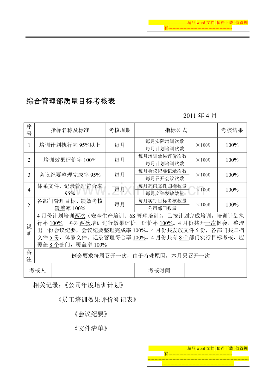 综合管理部质量目标考核表..doc_第1页