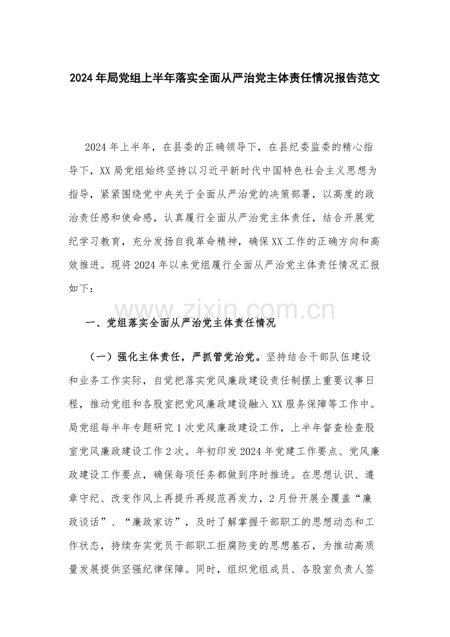 2024年党组上半年落实全面从严治党主体责任情况范文.docx_第1页