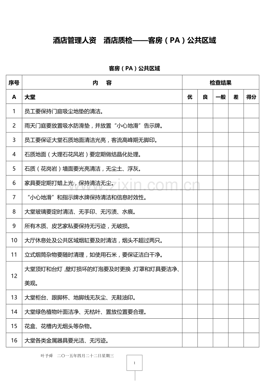 酒店管理人资--酒店质检——客房(PA)公共区域2015.docx_第1页