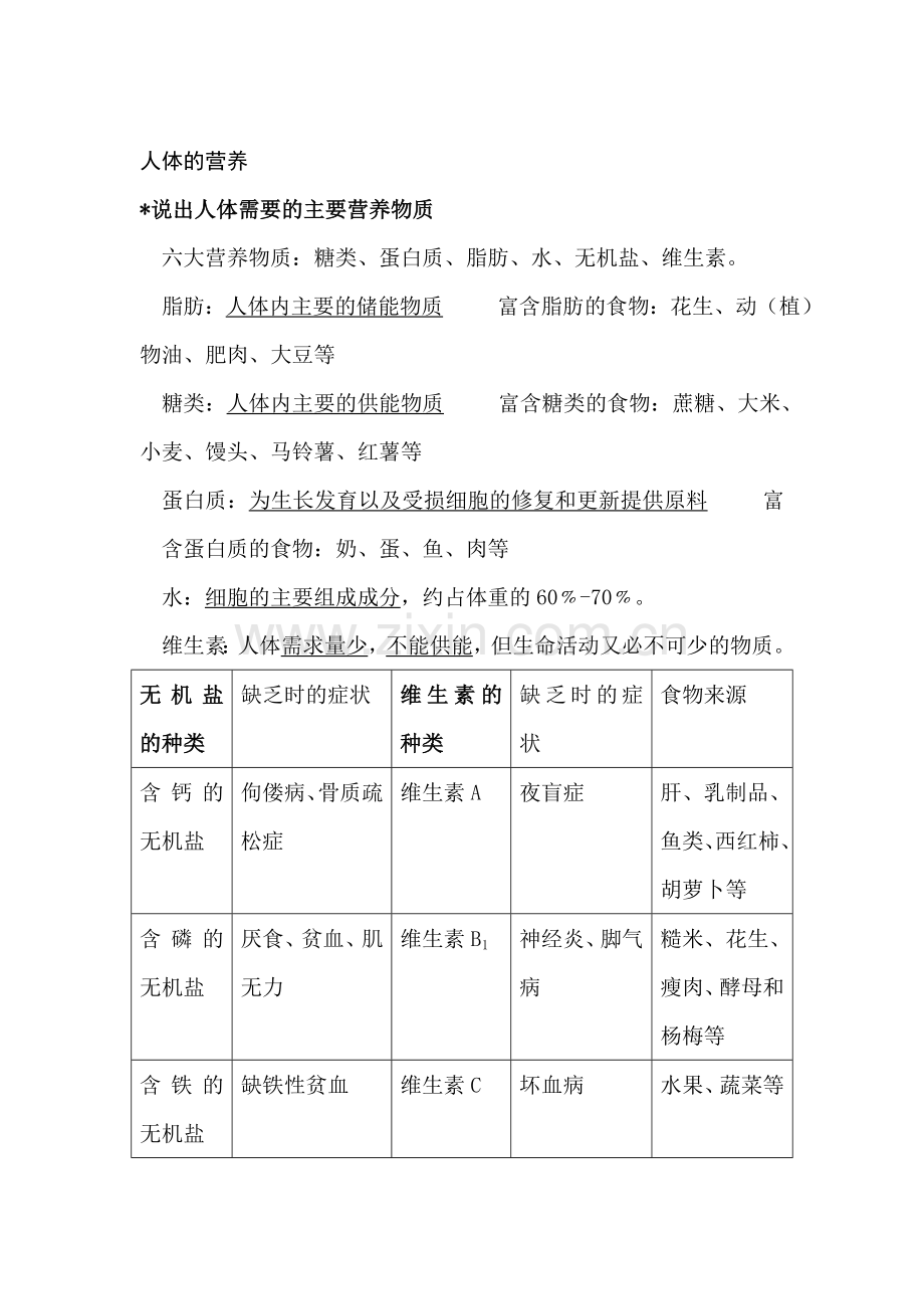 八年级生物人体的营养知识点汇总及复习题.doc_第1页