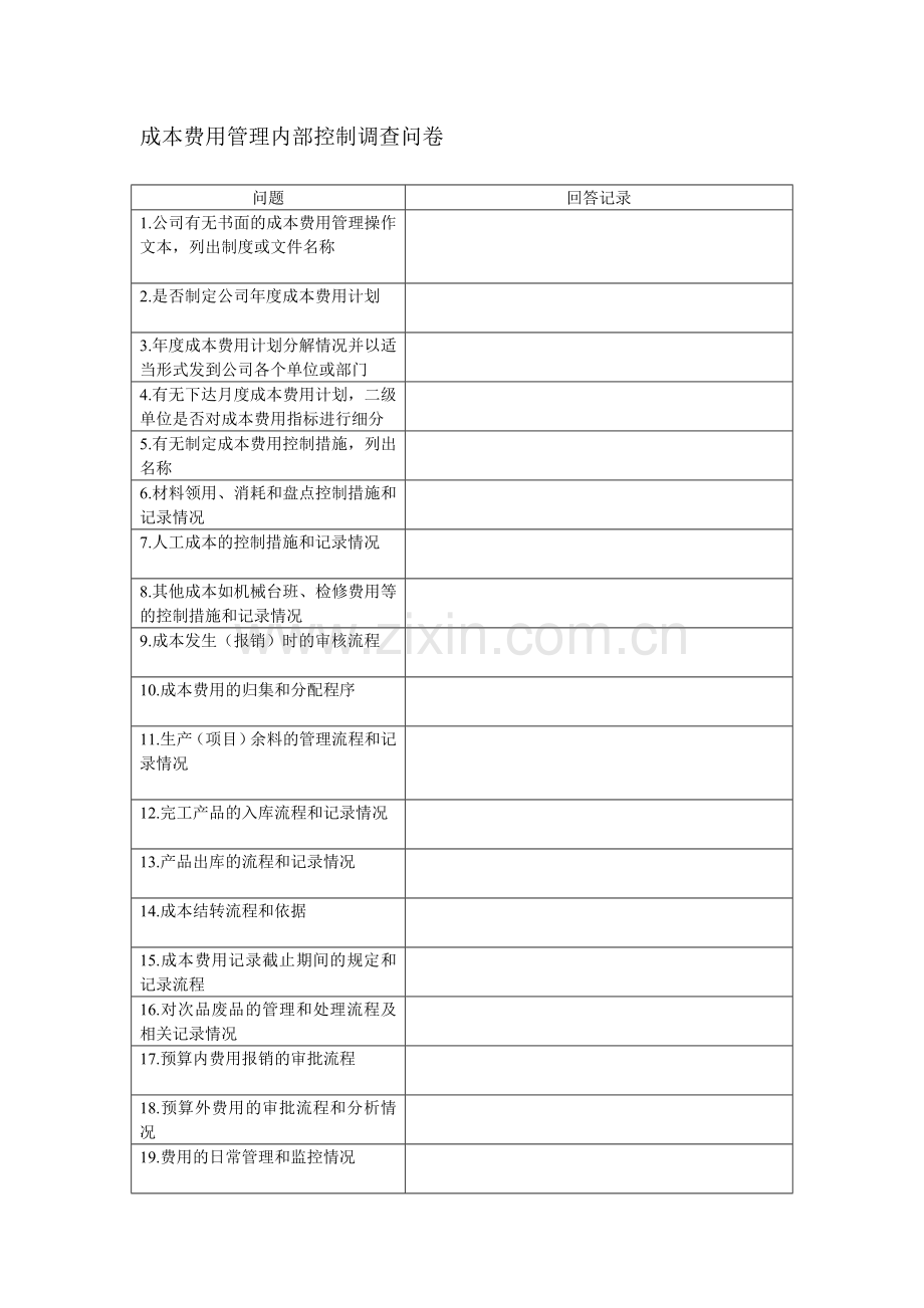 成本费用管理内部控制调查问卷.doc_第1页