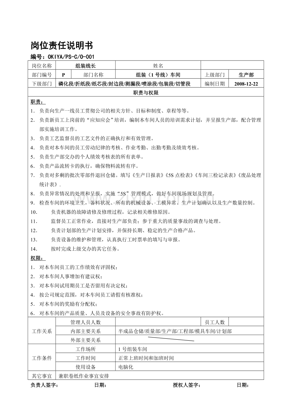 岗位责任说明书-1号线组装车间-线长段长.doc_第1页