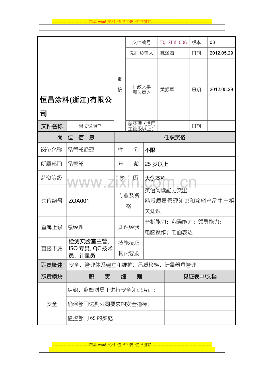 品管部经理岗位说明书03.doc_第1页