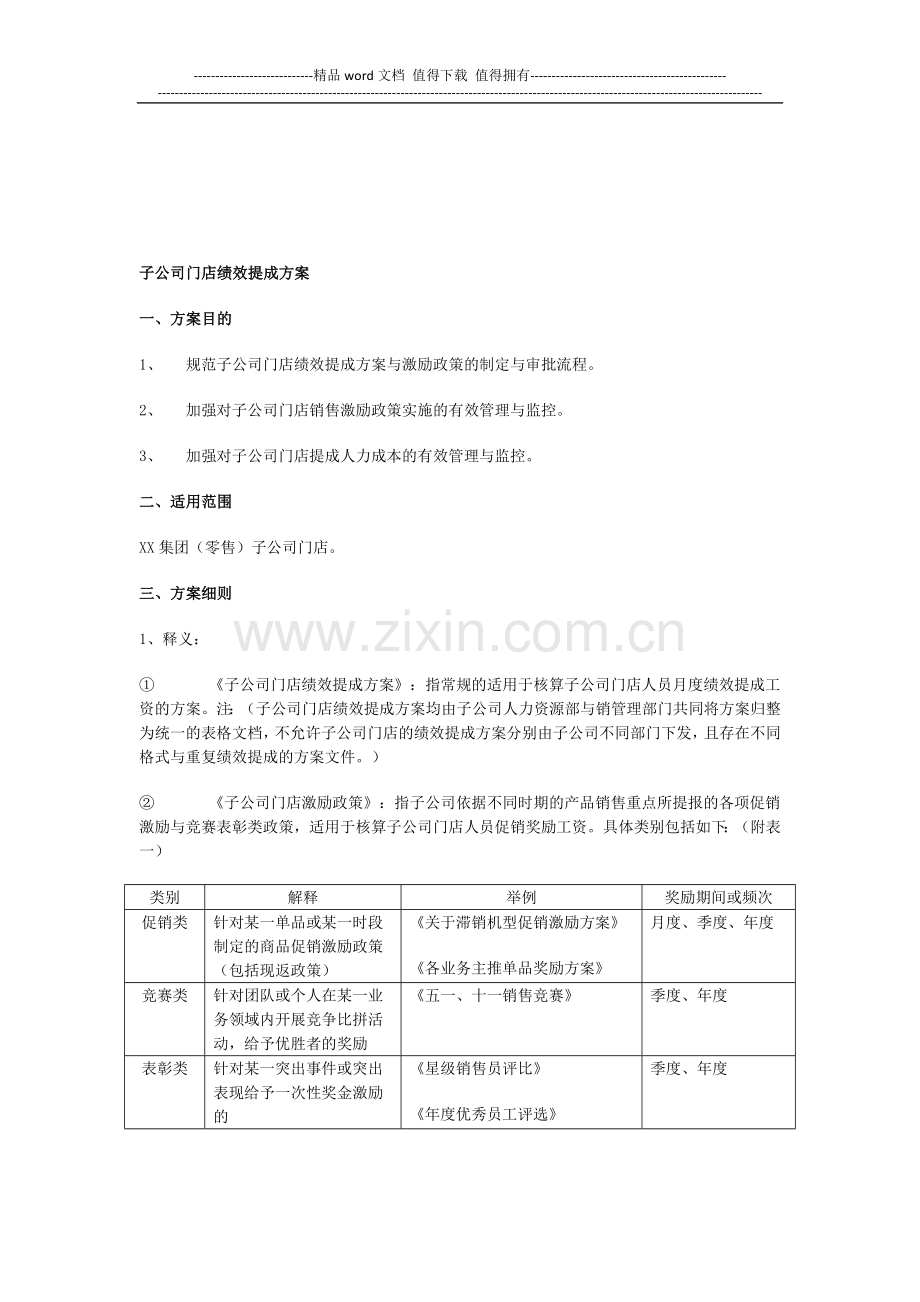 子公司门店绩效提成方案.doc_第1页