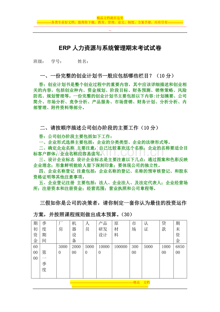 计信0833ERP人力资源与系统管理期末考试卷[1].doc_第1页