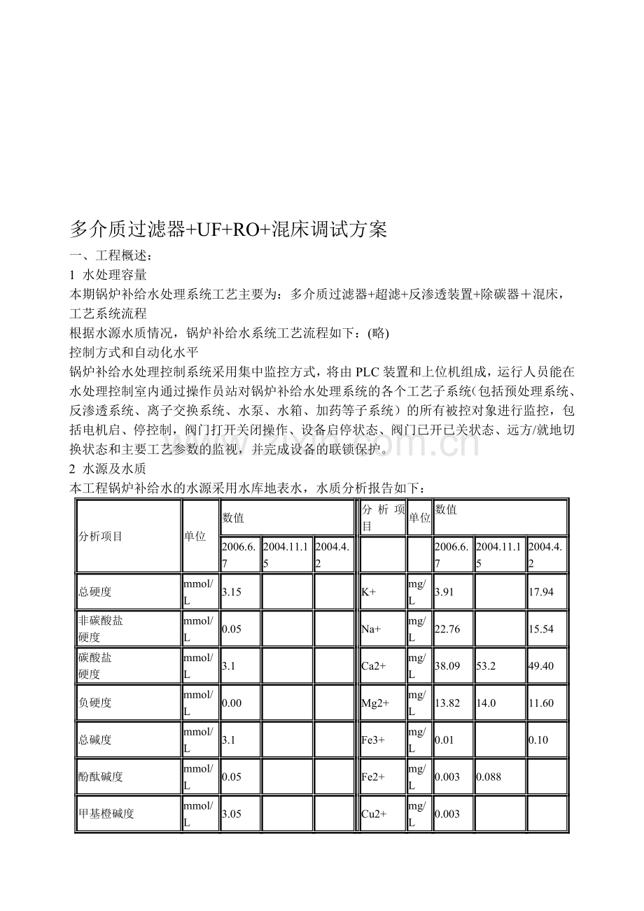 多介质过滤器-UF-RO-混床调试方案.doc_第1页