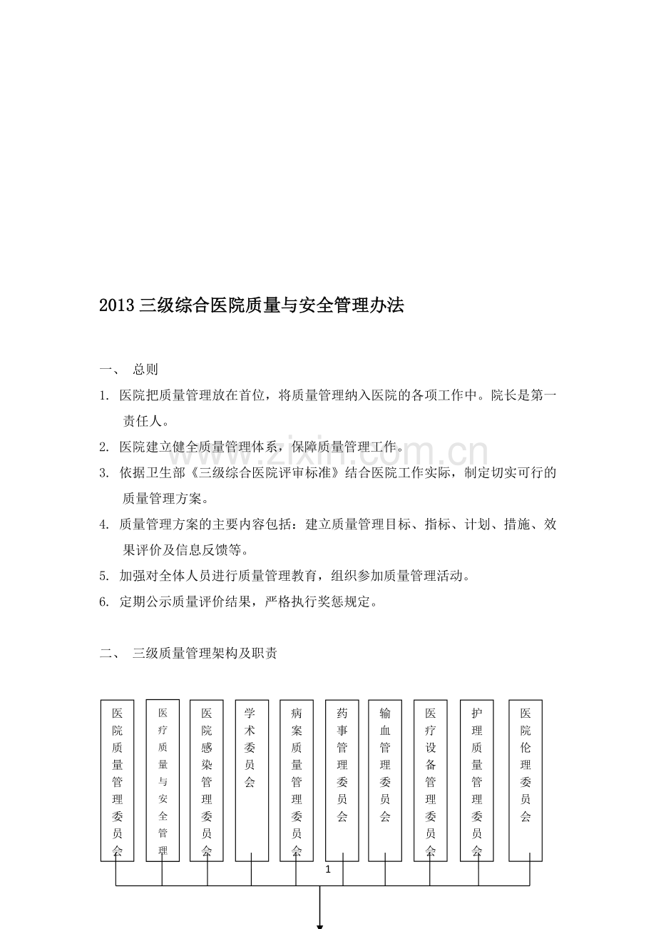 2013三级综合医院质量与安全管理办法.doc_第1页