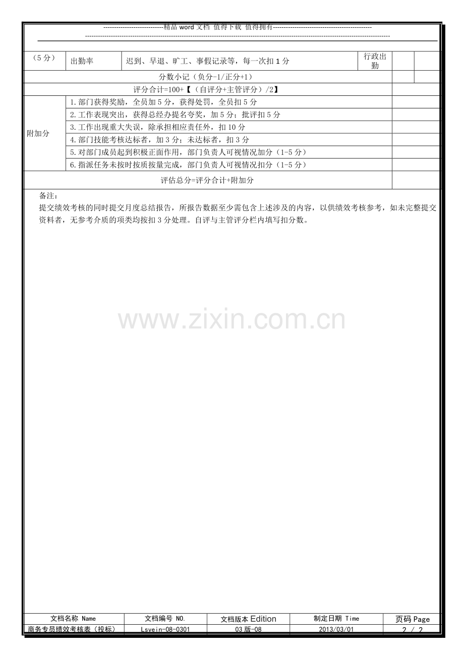 商务专员(投标)月度绩效考核表20130301.doc_第2页