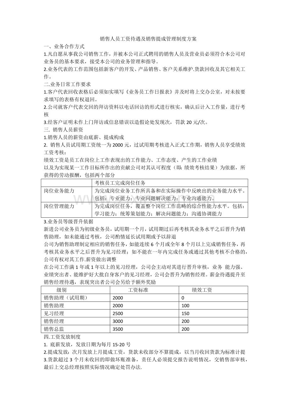 销售人员工资待遇及销售提成管理制度方案.docx_第1页