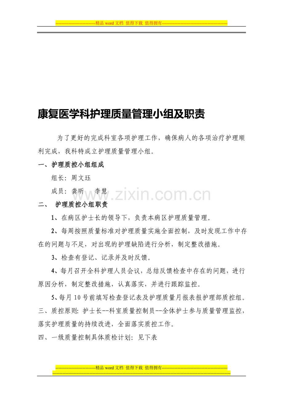 康复医学科护理质量管理小组职责与计划2014.8.23.doc_第1页