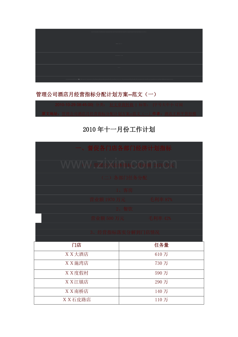 管理公司酒店月经营指标分配计划方案.doc_第1页