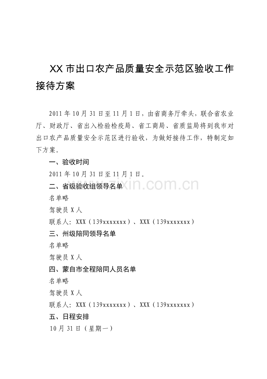 XX市出口农产品质量安全示范区验收工作接待方案.doc_第1页