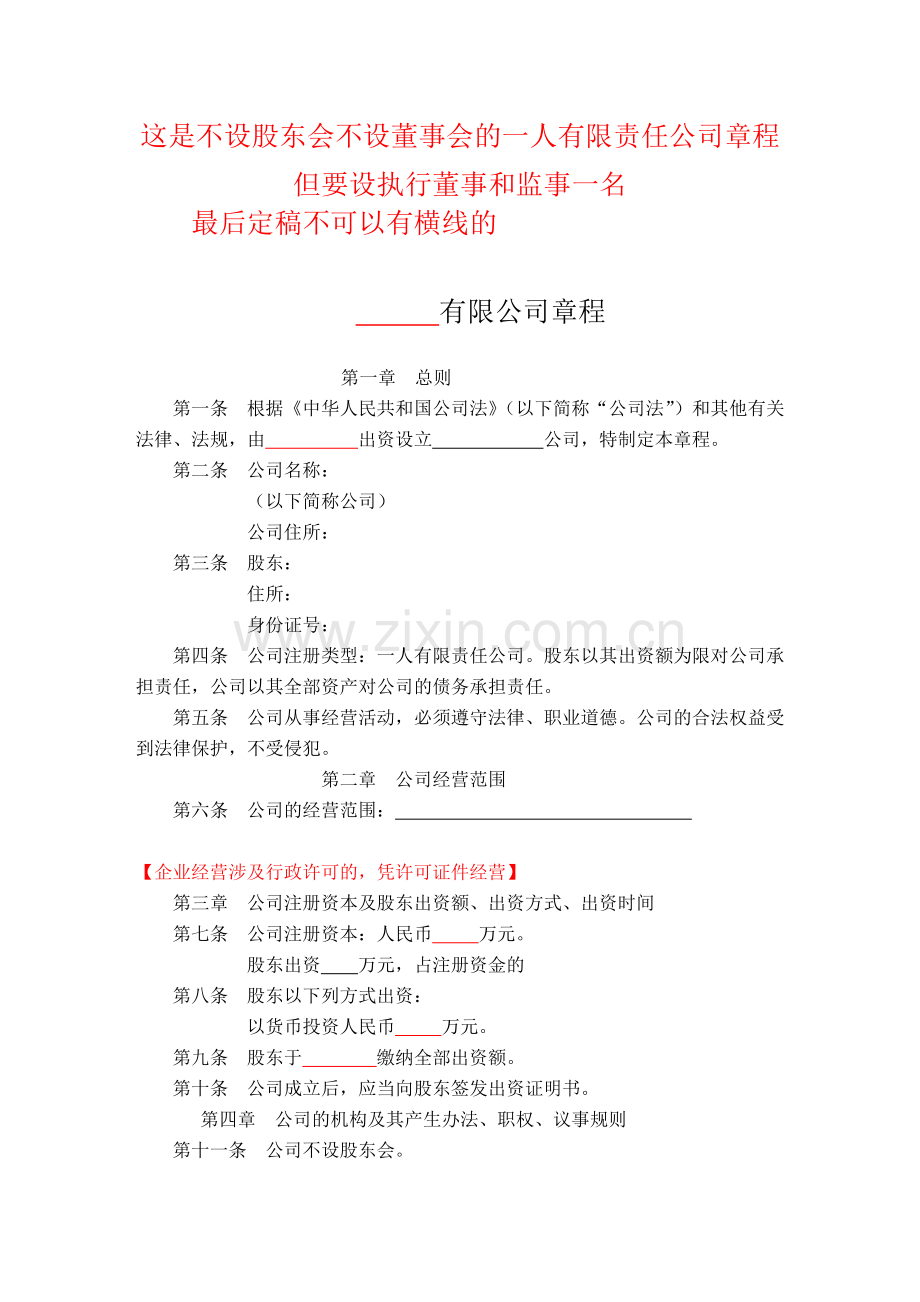 一人有限责任公司章程(不设董事会监事会).doc_第1页