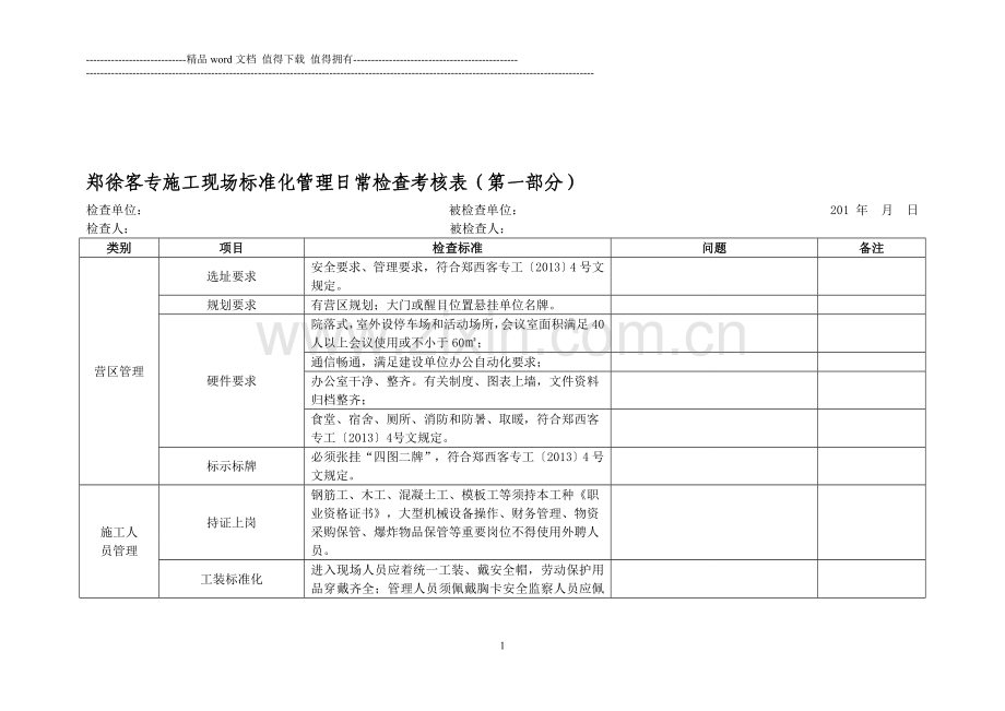 2013-5-2-郑徐客专施工现场标准化管理实施办法日常检查考核表(第一部分)2..doc_第1页