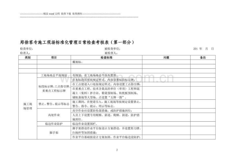 2013-5-2-郑徐客专施工现场标准化管理实施办法日常检查考核表(第一部分)2..doc_第2页