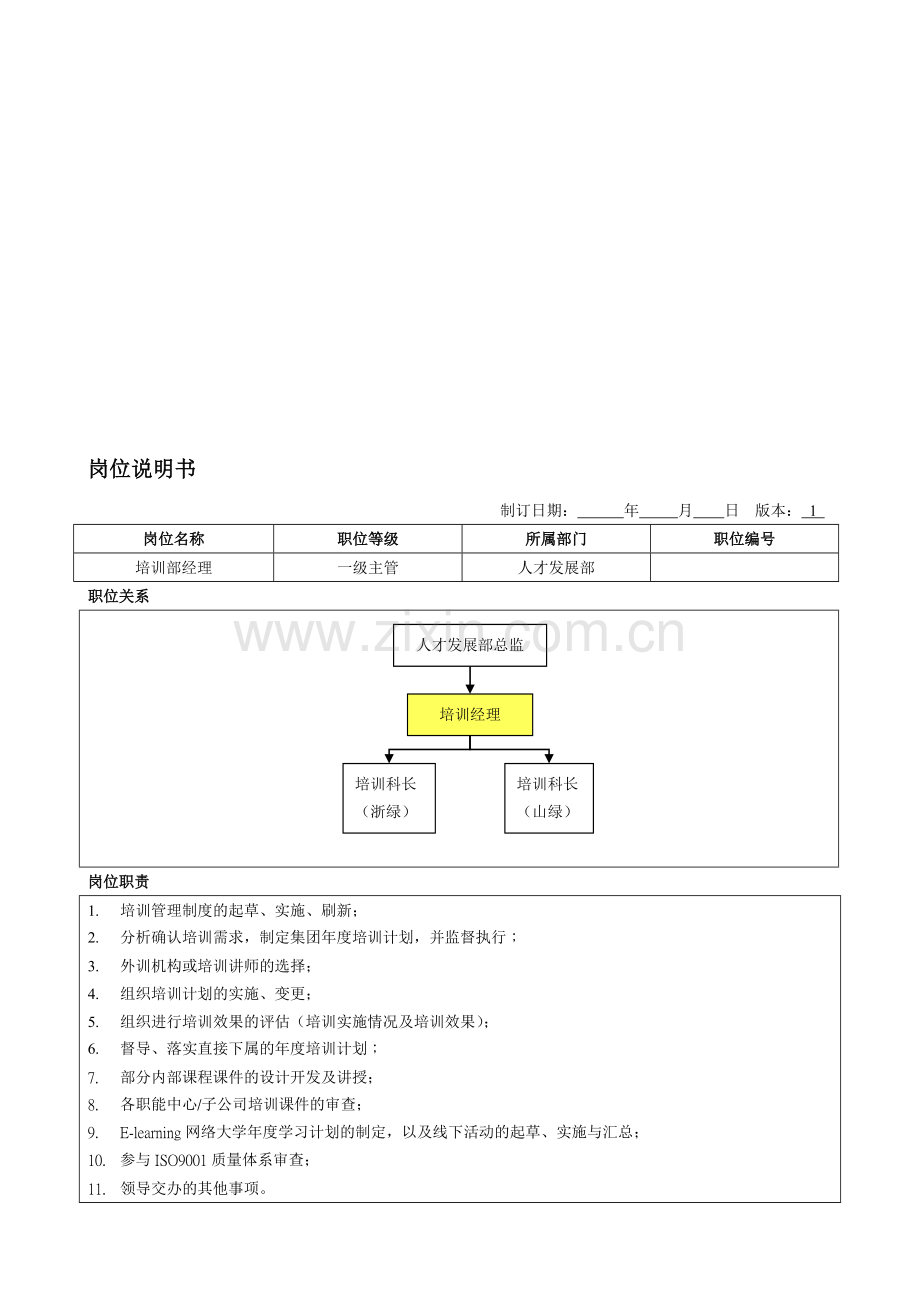 岗位说明书-培训经理(范表).doc_第1页