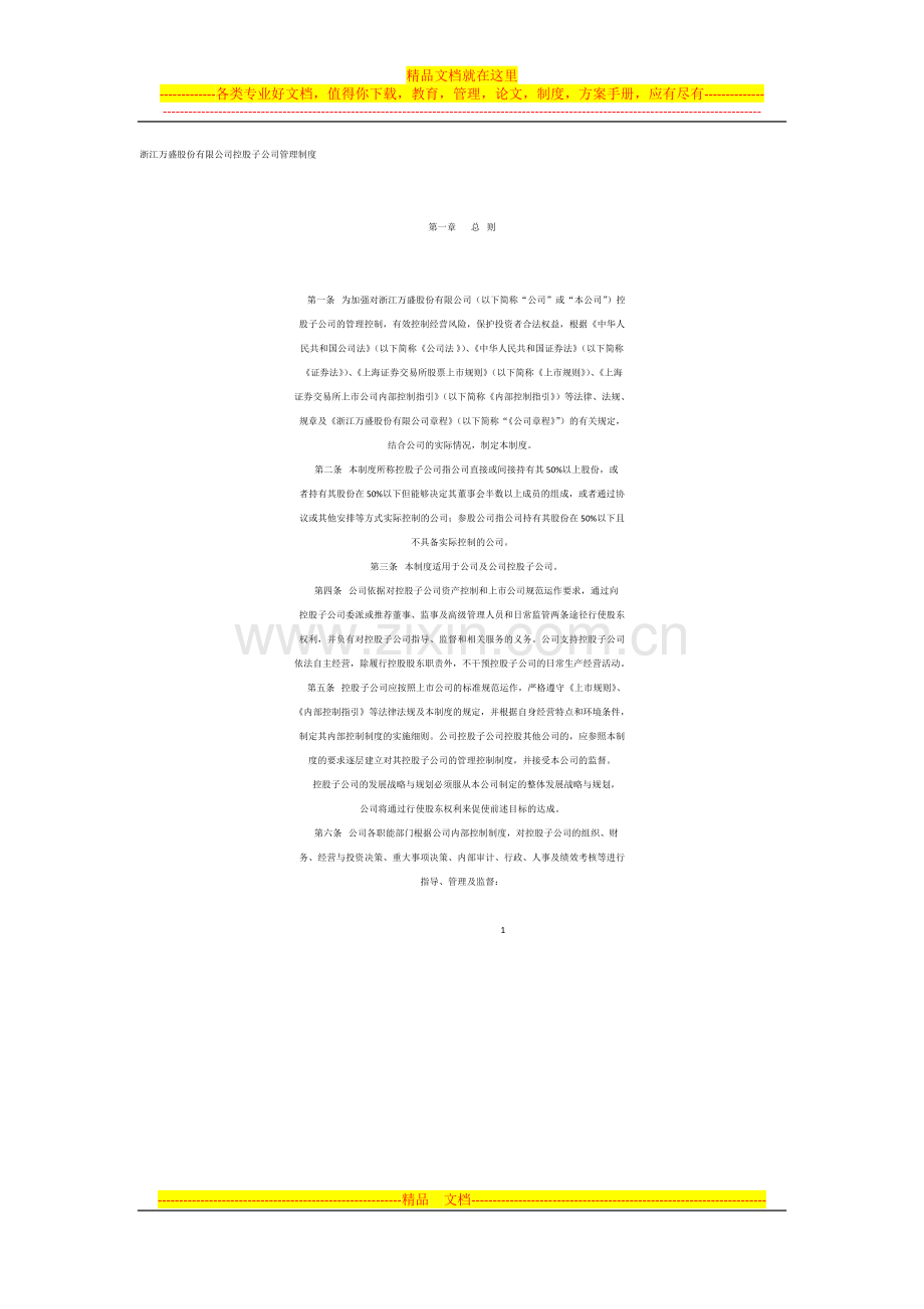 浙江万盛股份有限公司控股子公司管理制度.docx_第1页