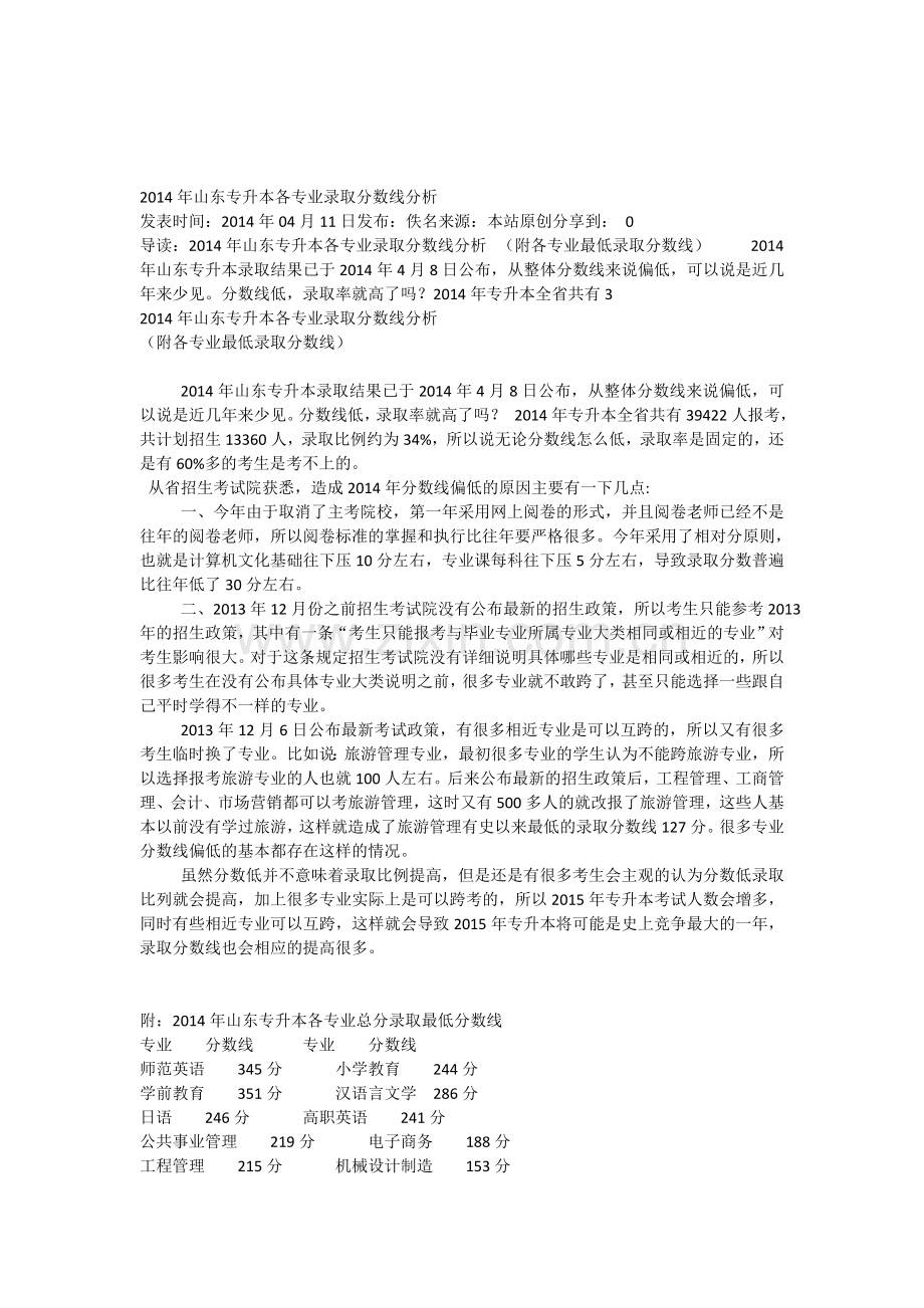 2014年山东专升本各专业录取分数线分析.doc_第1页