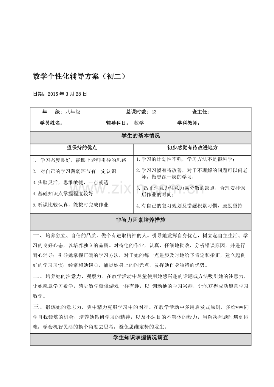 数学个性化辅导方案(初二).doc_第1页