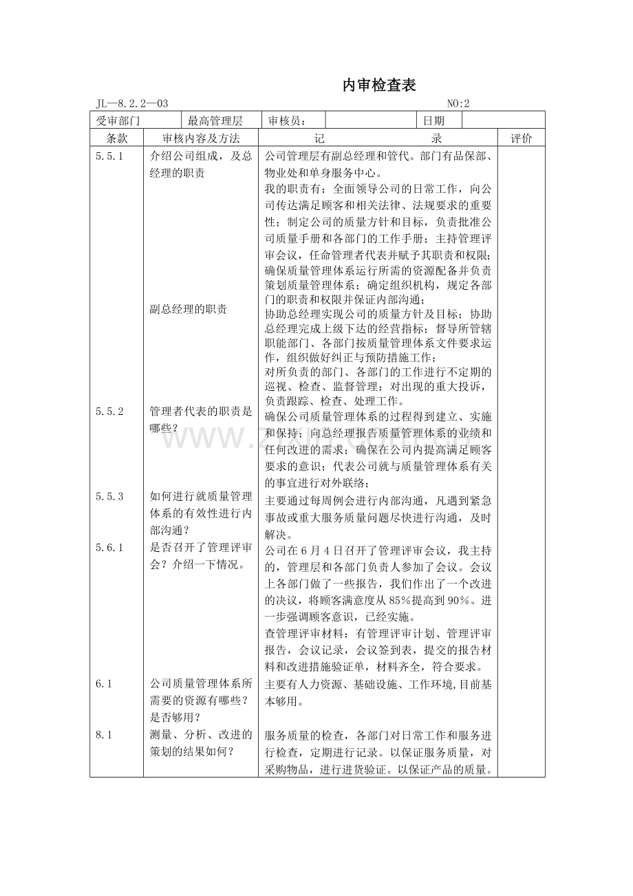 武汉宁康物业最高管理层内审检查表.doc_第2页