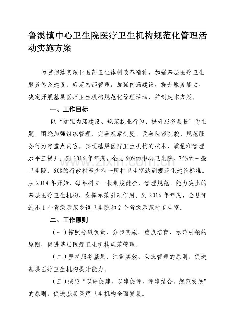 鲁溪镇中心卫生院医疗卫生机构规范化管理活动实施方案.doc_第1页