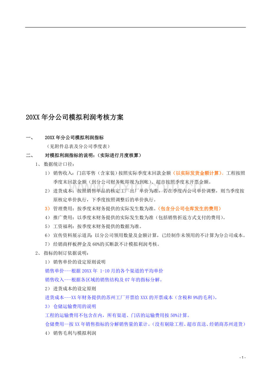 20XX年分公司模拟利润考核方案..doc_第1页