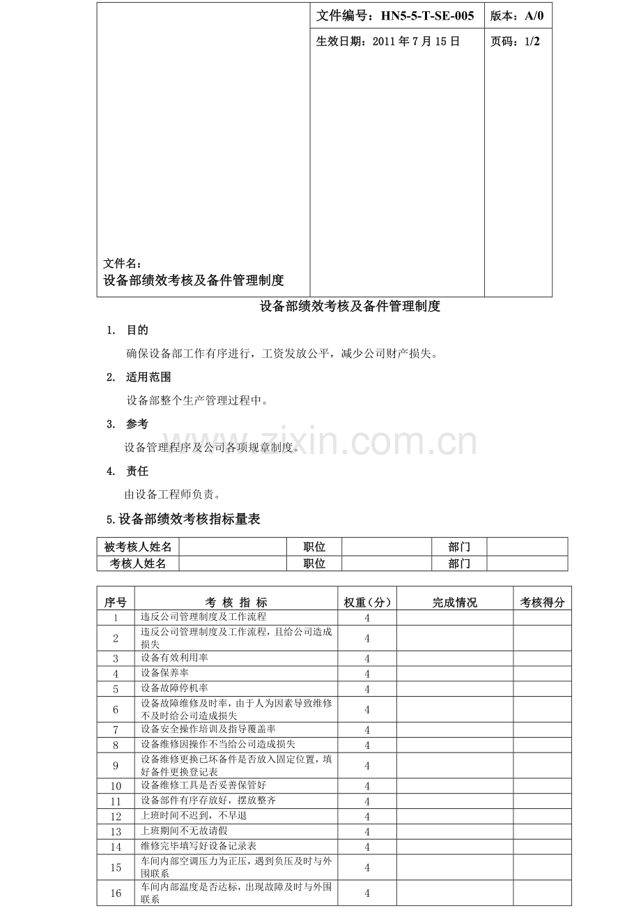 设备部绩效考核及备件管理制度..doc_第1页