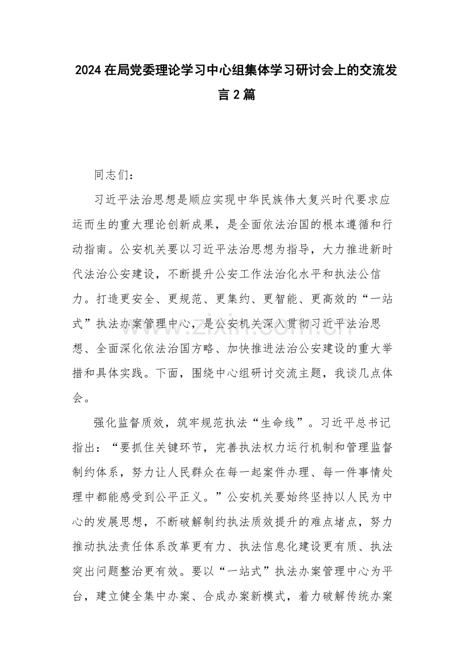 2024在党委理论学习中心组集体学习研讨会上的交流发言2篇.docx_第1页