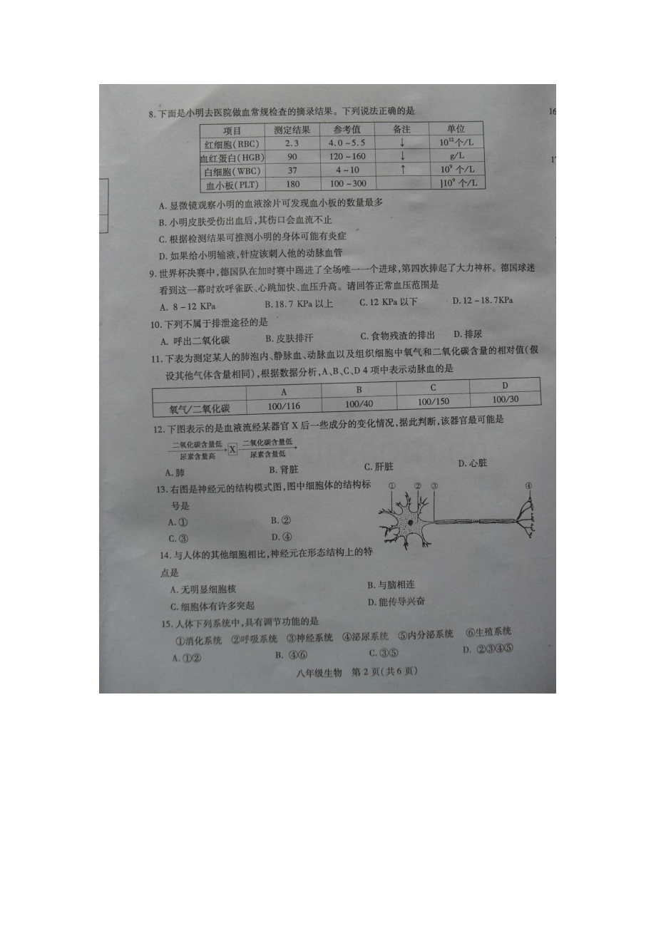 江苏省沛县2015-2016学年八年级生物下册期中测试题.doc_第2页