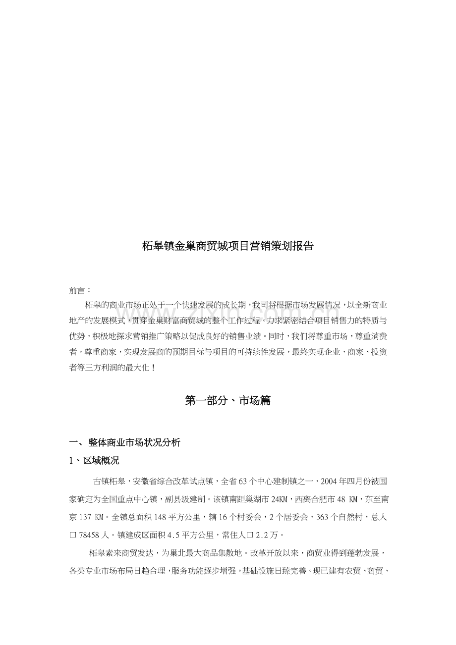 巢湖柘皋镇金巢商贸城项目营销策划报告-31页-2008年.doc_第1页