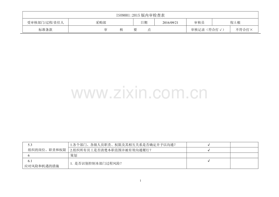 ISO9001-2015采购部-内审检查表.doc_第1页