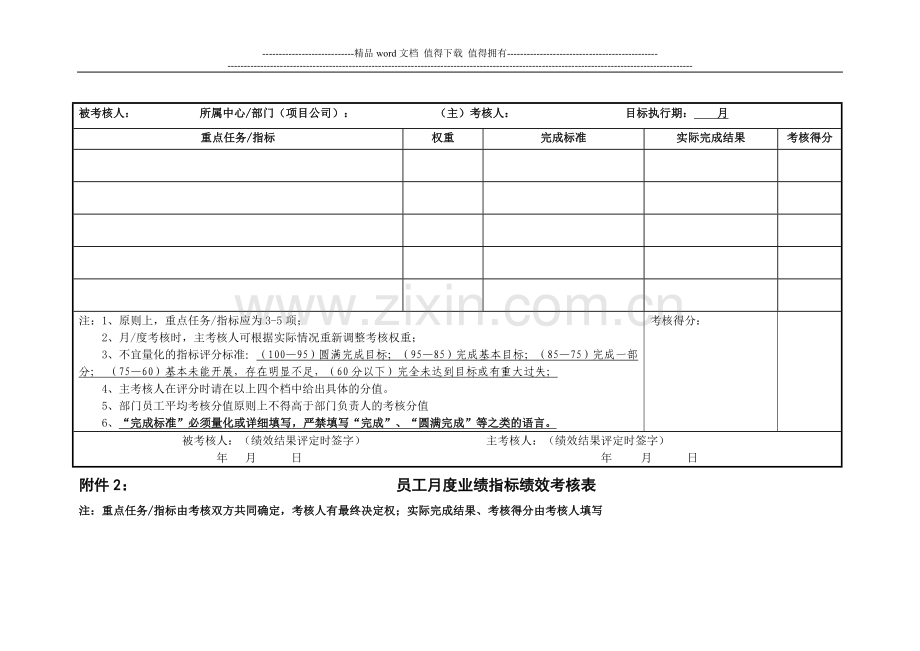 员工月度业绩指标绩效考核表.doc_第1页