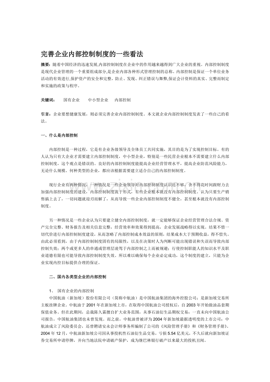 完善企业内部控制制度的一些看法.doc_第1页