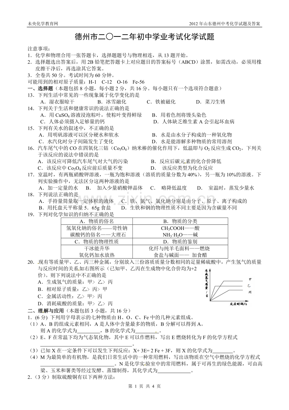 2012年山东德州中考化学试题及答案.doc_第1页