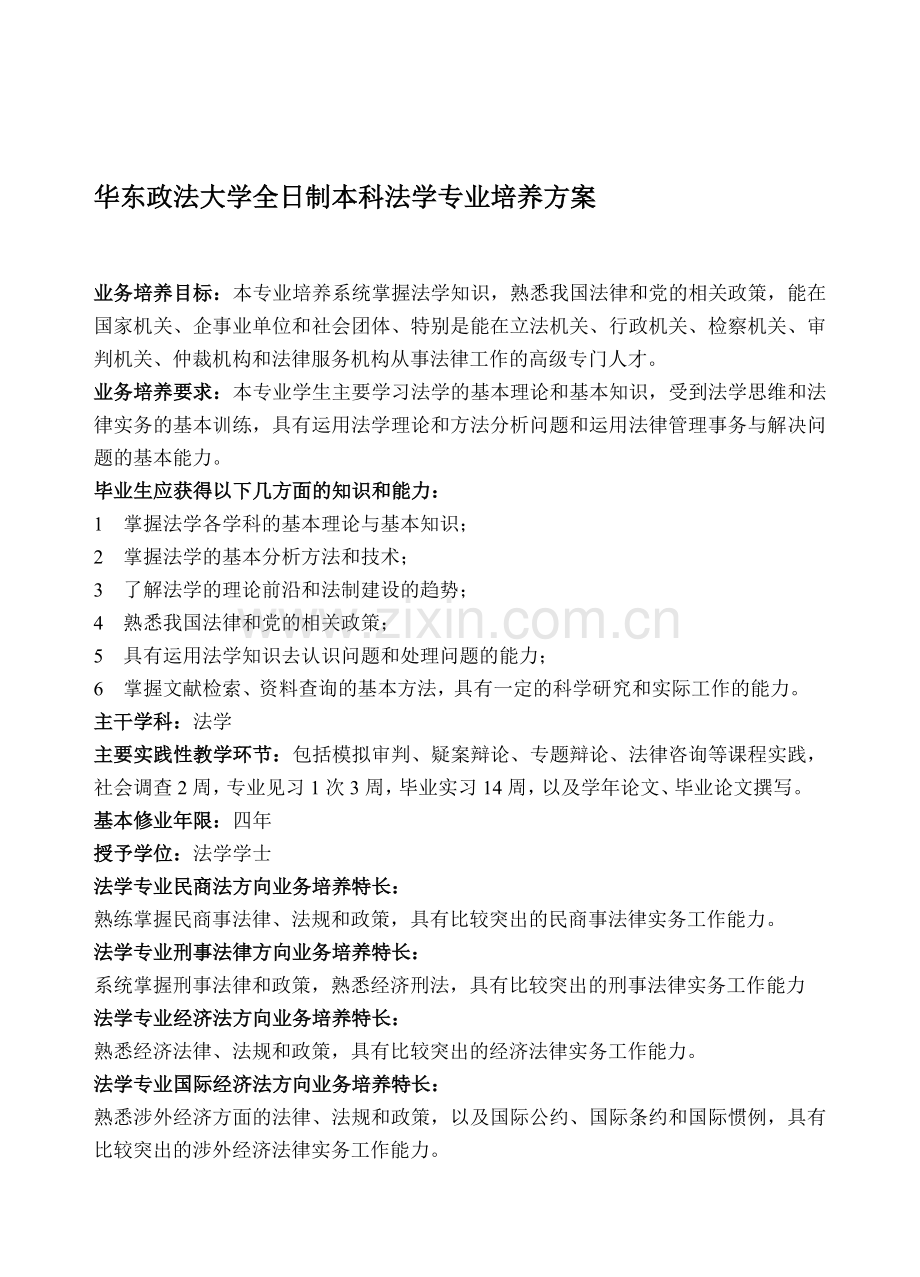 华东政法大学法学专业培养方案.doc_第1页