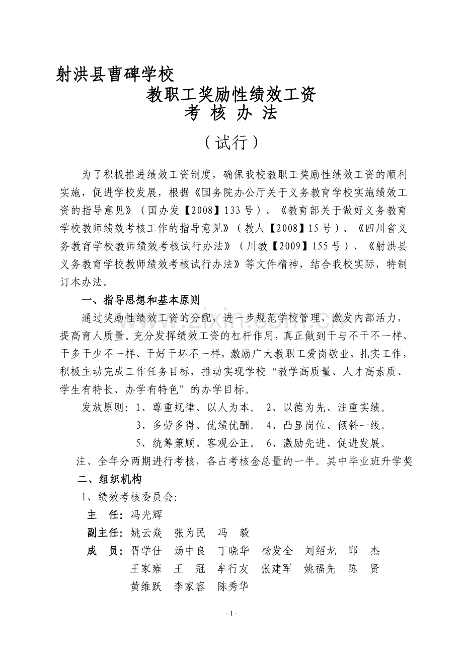 曹碑学校绩效工资考核办法(修改).doc_第1页