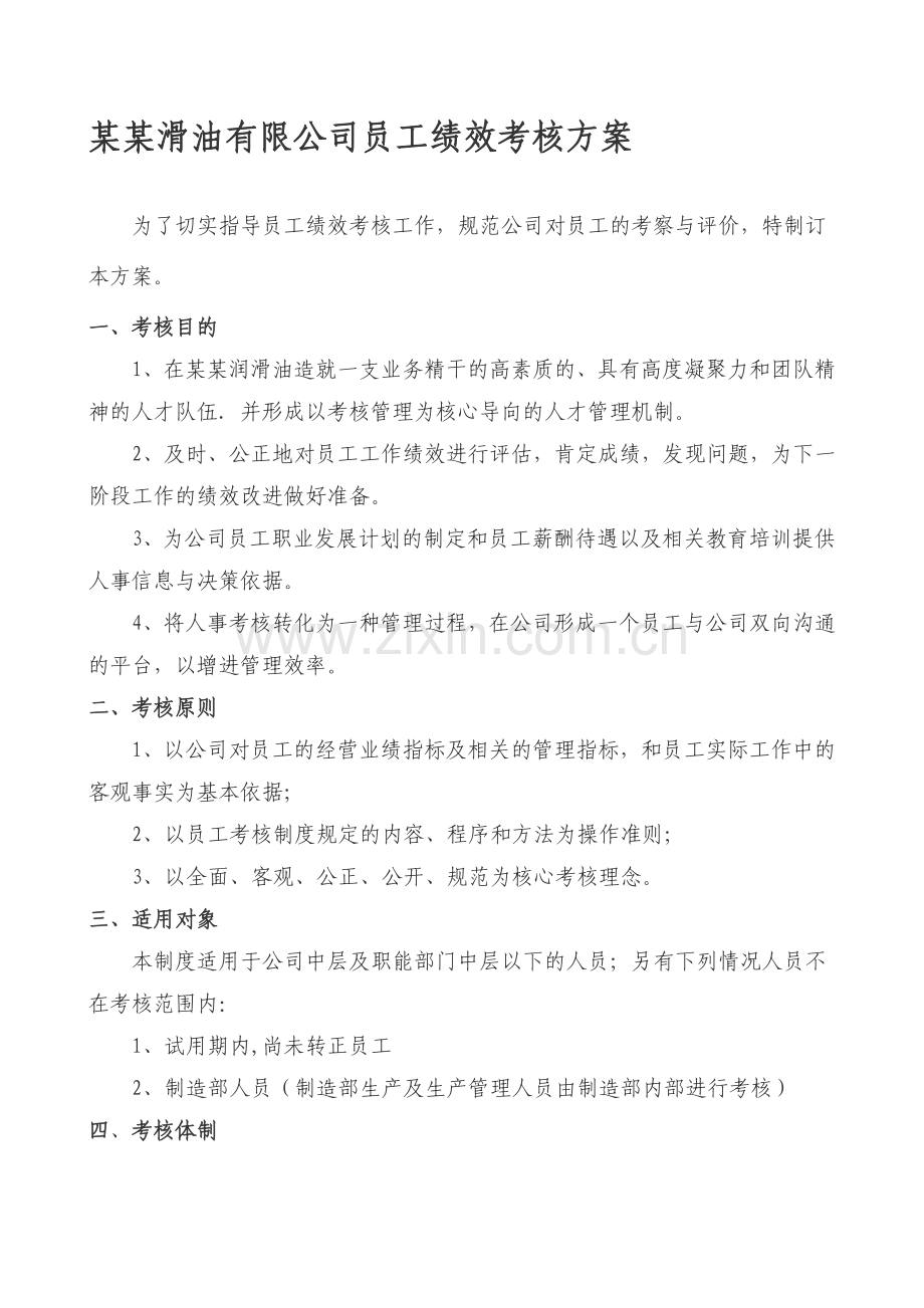 某某润滑油有限公司员工绩效考核方案.doc_第1页