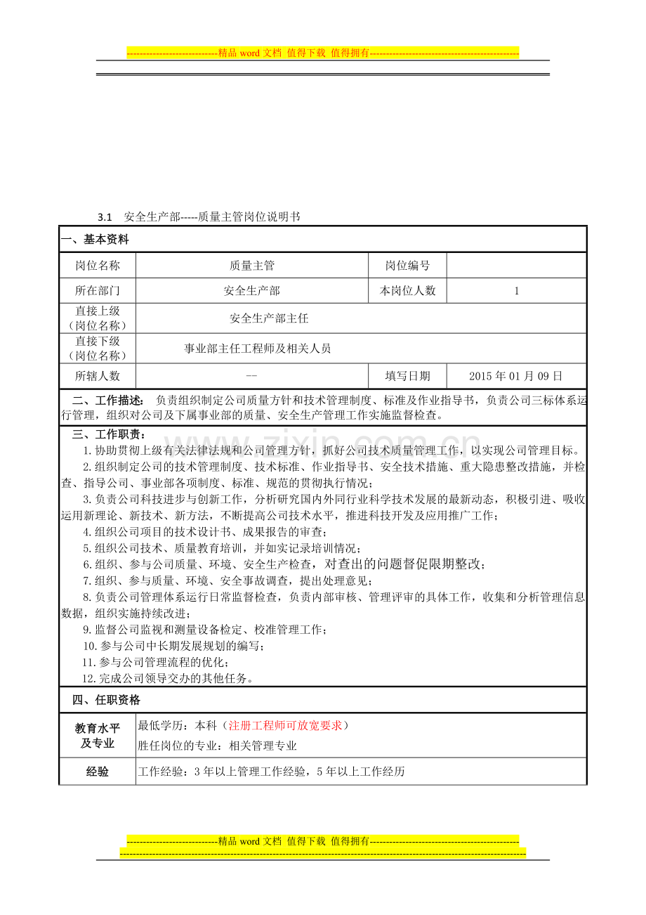 安全生产部岗位设置及说明书.doc_第1页